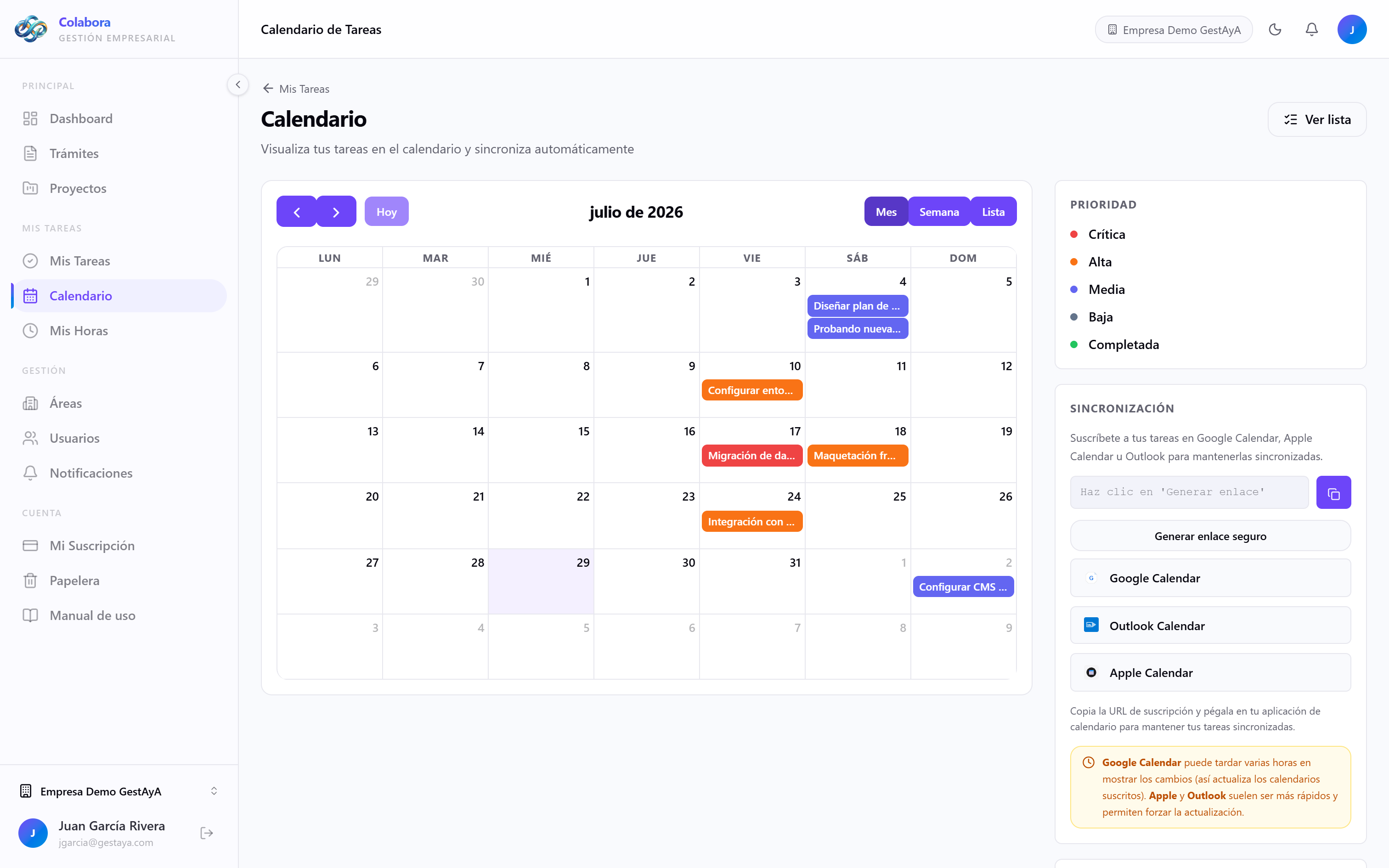 Calendario de tareas de Colabora